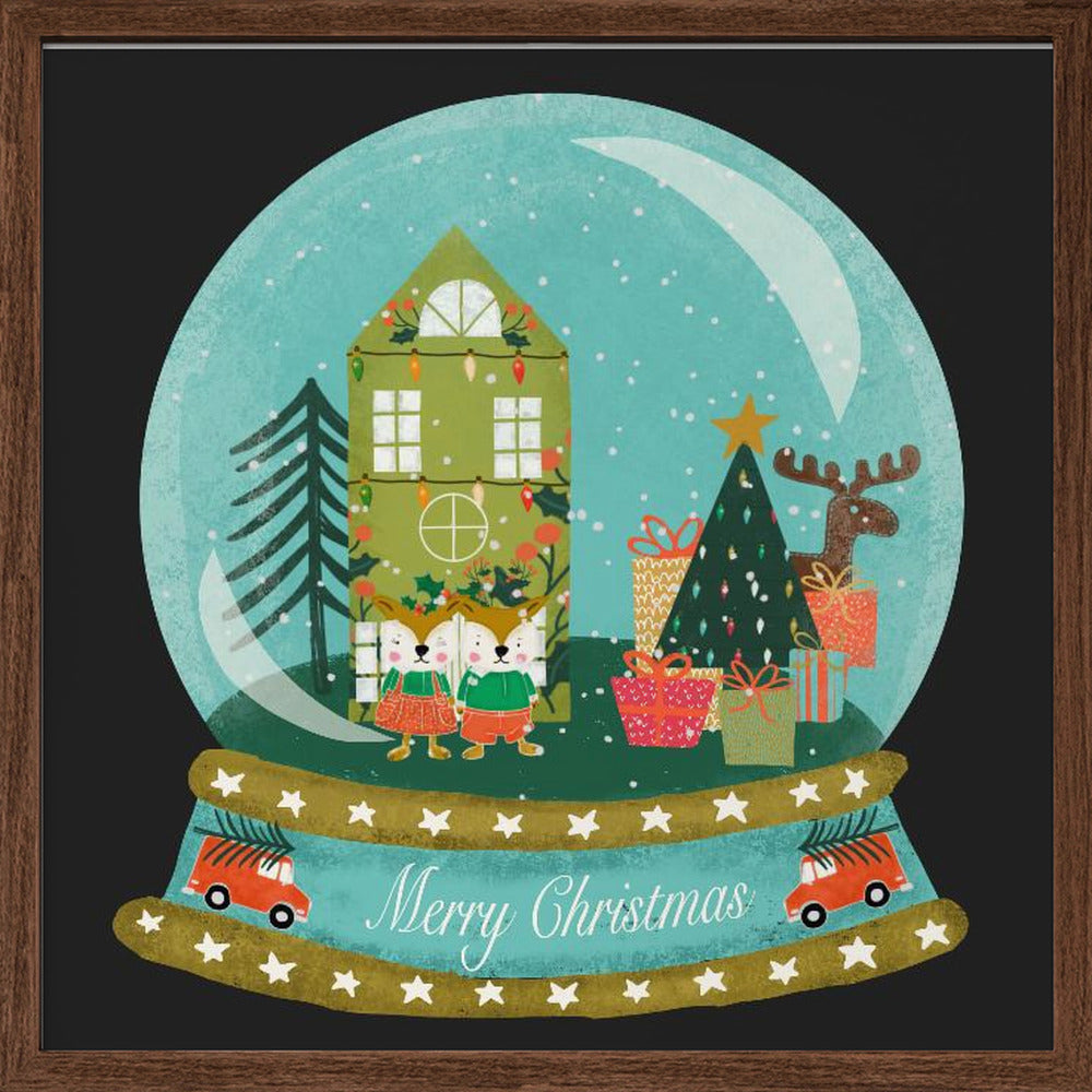 Christmas Snow Globe Village with Deer Family  - Merry Christmas Poster