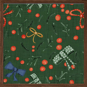 Moody Yuletide Holiday Bows and Berries Green Poster