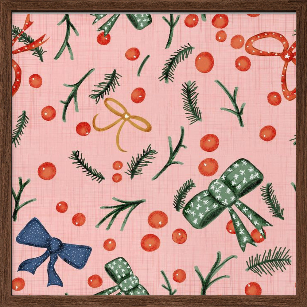 Moody Yuletide Holiday Bows and Berries Pink Poster