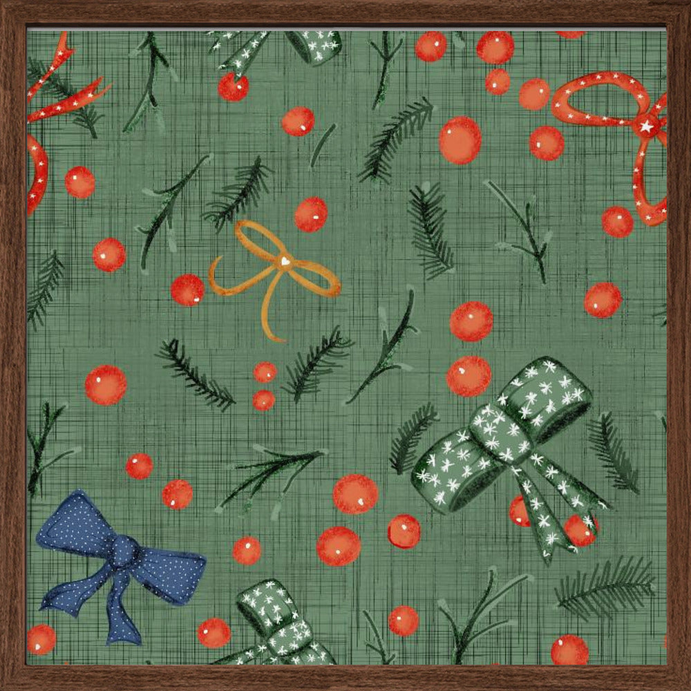 Moody Yuletide Holiday Bows and Berries Sage Poster