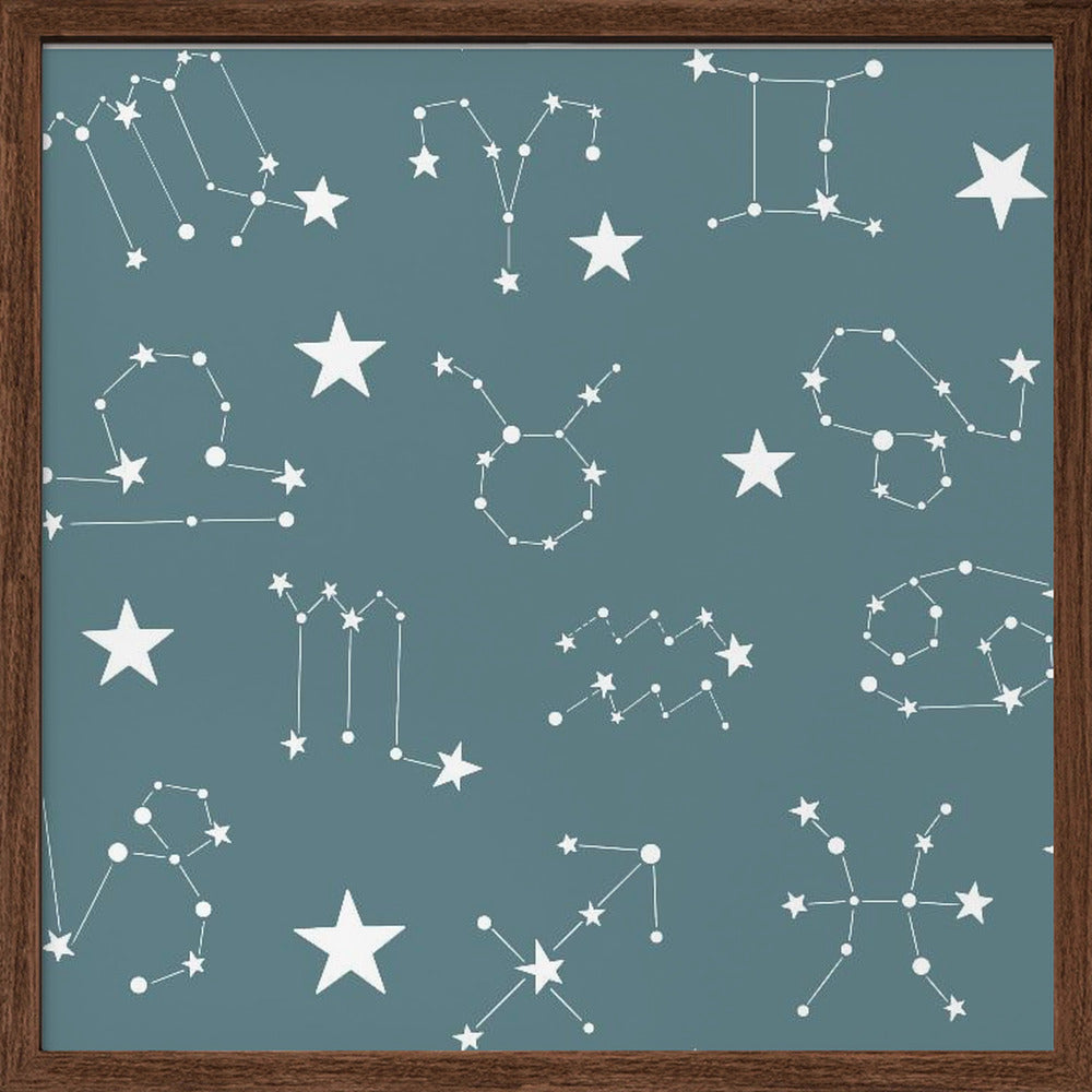 Celestial Constellation Boho-Moon and Stars In Dark Neutral-Slate Teal Poster