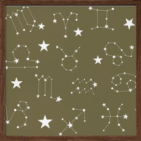 Celestial Constellation Boho-Moon and Stars In Dark Neutral-Olive Poster