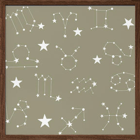 Celestial Constellation Boho-Moon and Stars In Dark Neutral - Olive Slate Poster