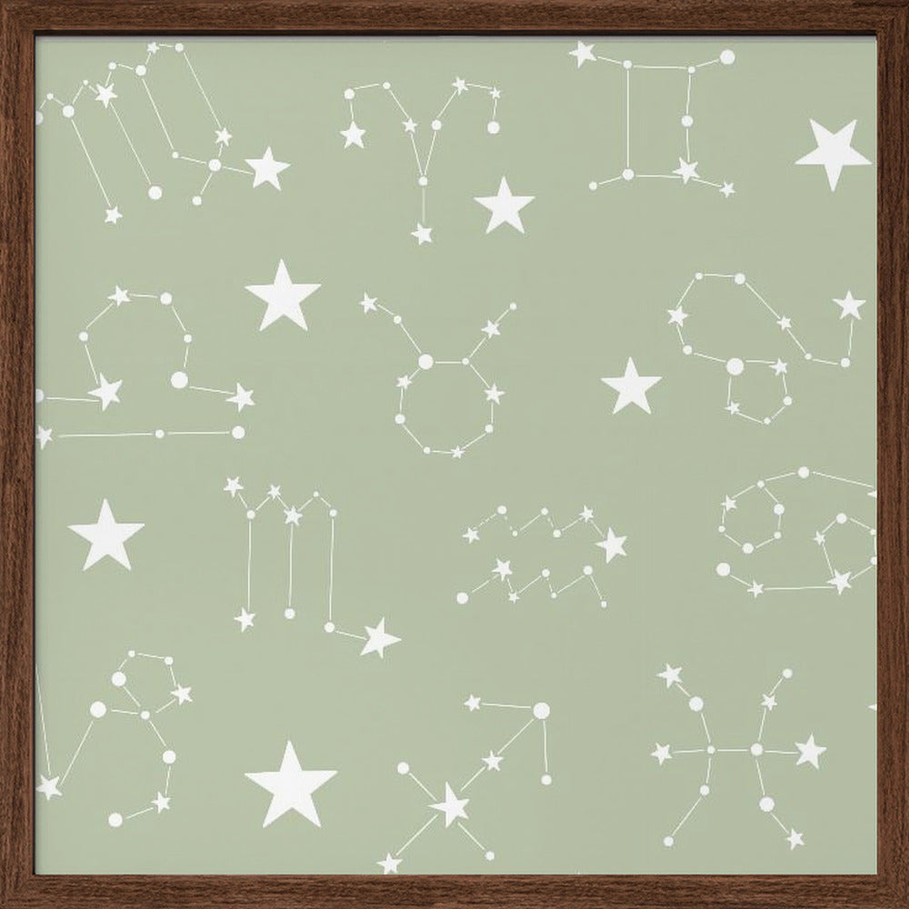 Celestial Constellation Boho-Moon and Stars In Dark Neutral- Sage Poster