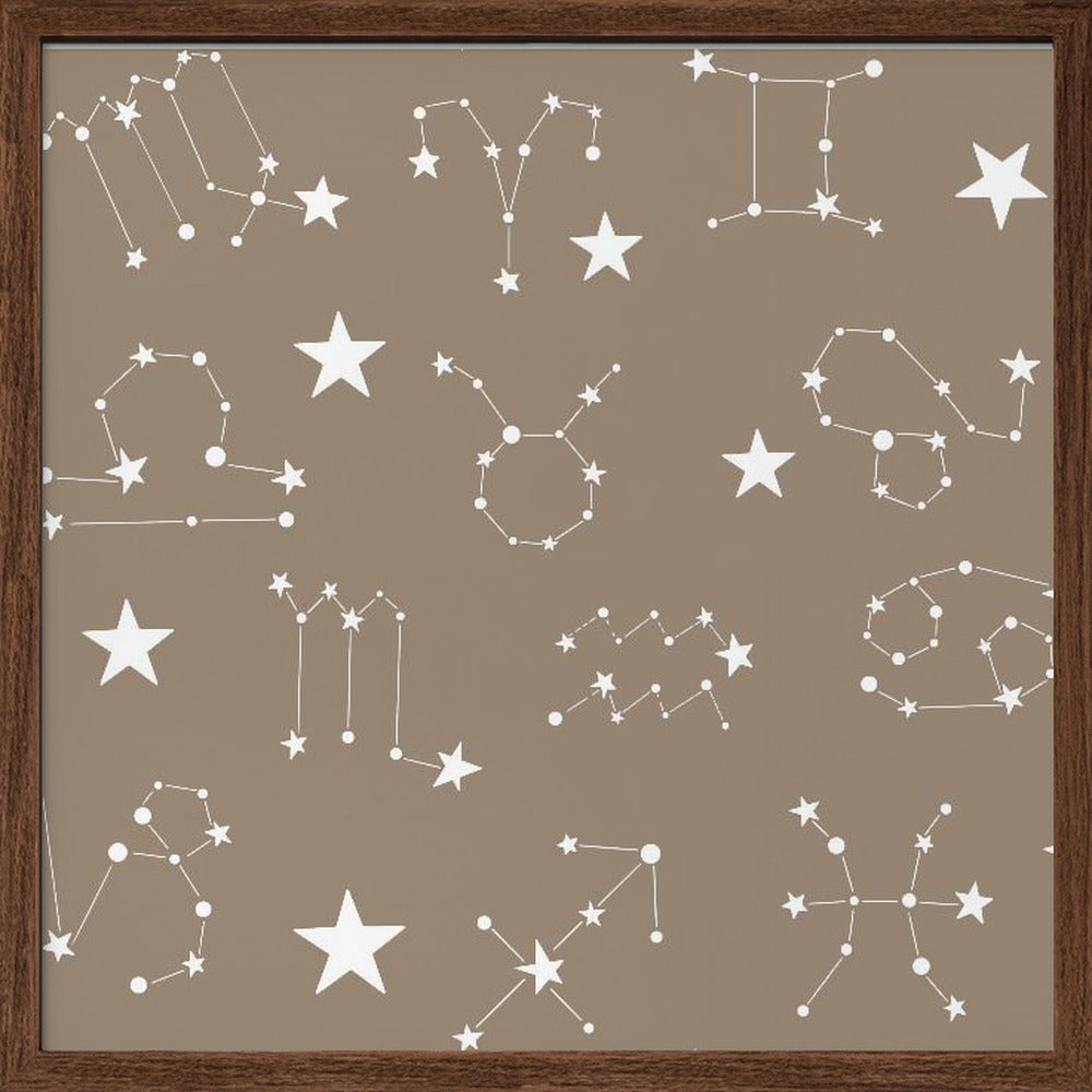 Celestial Constellation Boho-Moon and Stars In Dark Neutral- Taupe Poster