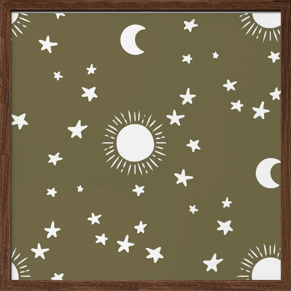 Celestial Dreamscape - Neutral Stars &amp; Shooting Stars Nursery- Olive Poster