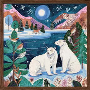 Polar bears Christmas at the North Pole under the moon Poster