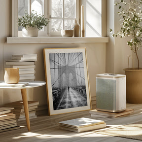 New York Walker in Blizzard - Brooklyn Bridge Poster