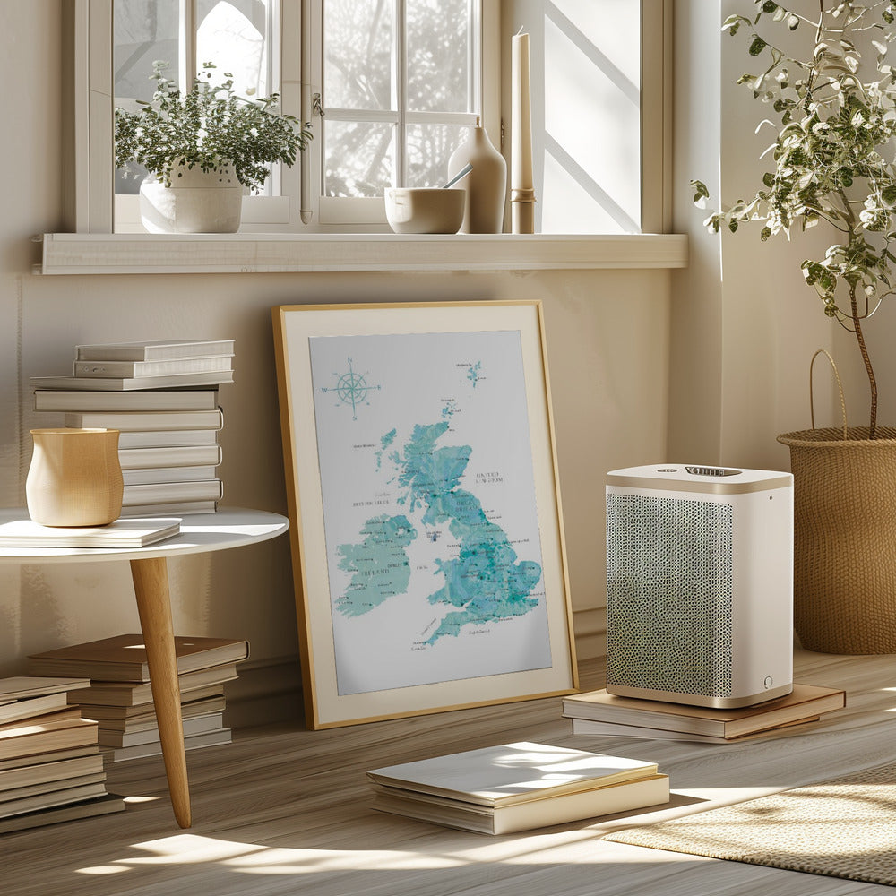 Aquamarine watercolor map of the United Kingdom Poster