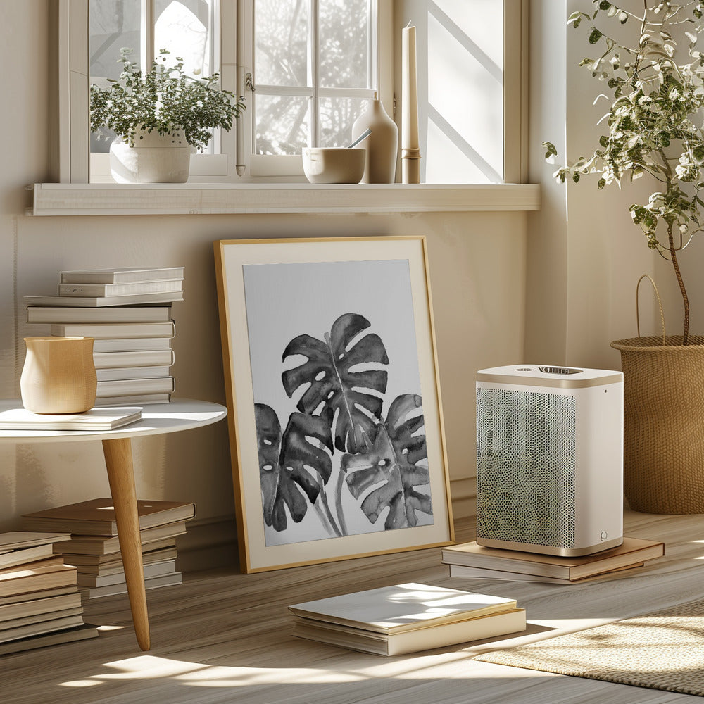 Monstera Leaves In Loose Watercolor Black and White Poster