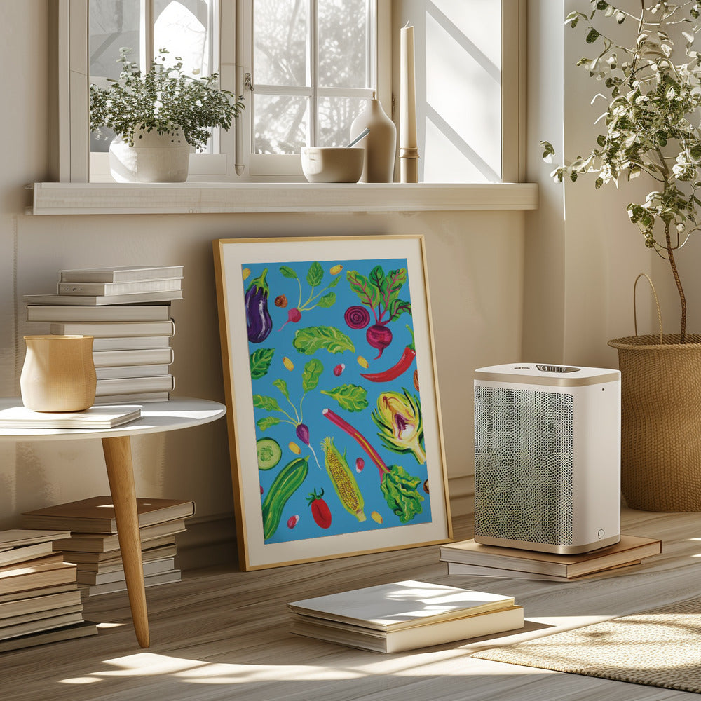 Spring Vegetables Blue Poster