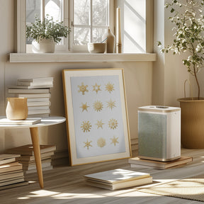 Twelve geometric snowflakes in gold Poster