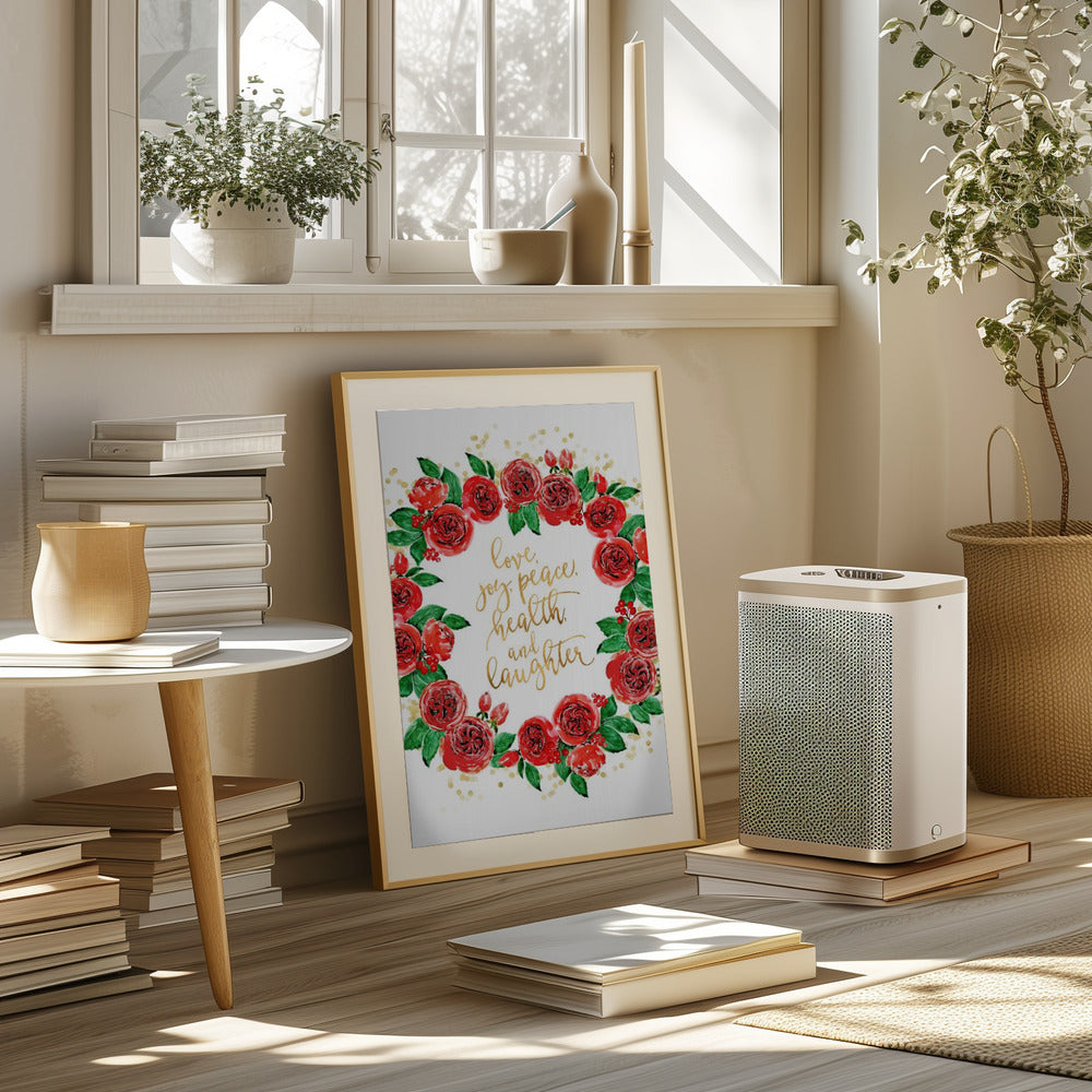 Holiday wishes wreath of red English roses Poster