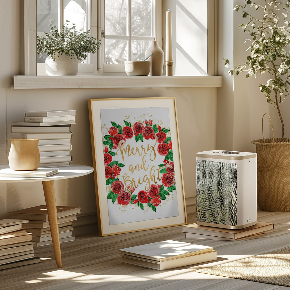 Merry and bright wreath of red English roses Poster