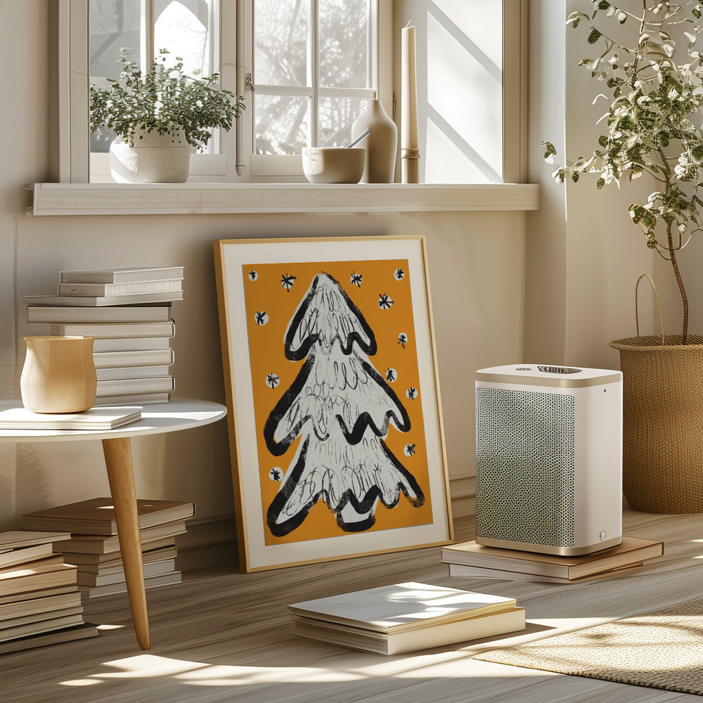 Christmas Tree And Snow Yellow Poster