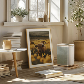 Highland Cows In Flower Field Poster