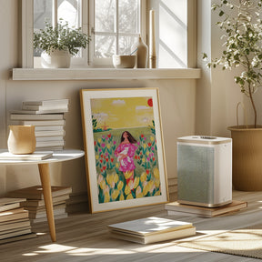 Woman in spring tulip field Poster