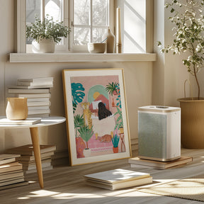 Woman taking bath in pink tropical bathroom Poster