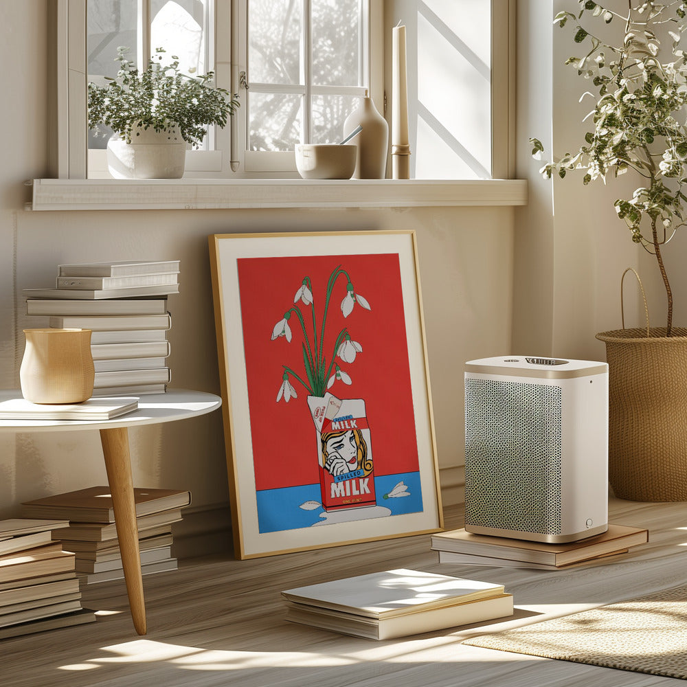 Snowdrops in Spilled Milk Carton Retro Illustration Poster