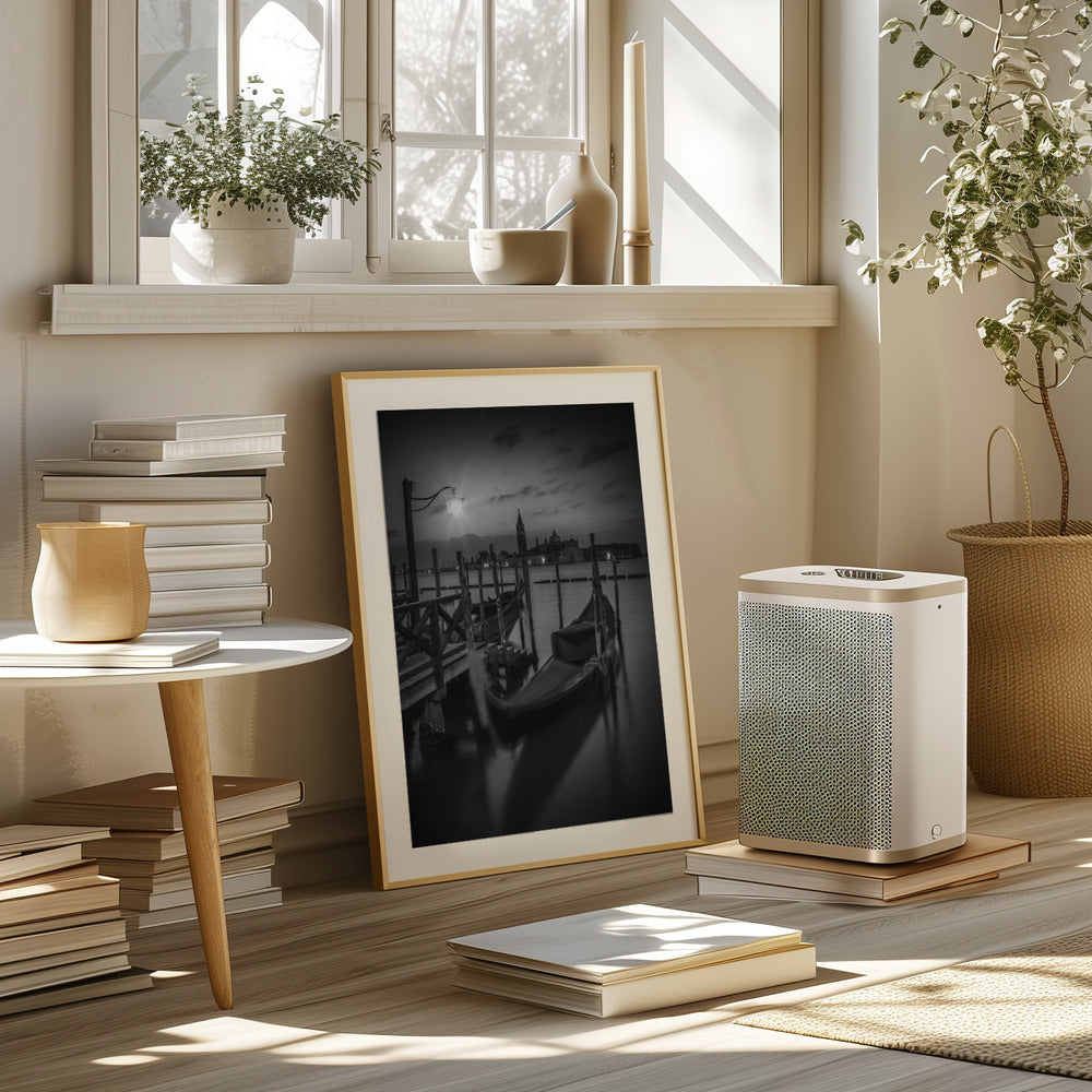 VENICE Gondolas during sunrise in black and white Poster