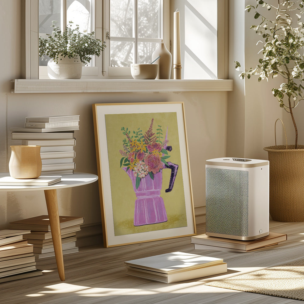 Espresso Maker with Flowers Poster