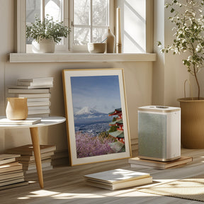 Unique view of Mount Fuji with Chureito Pagoda during cherry blossom season Poster