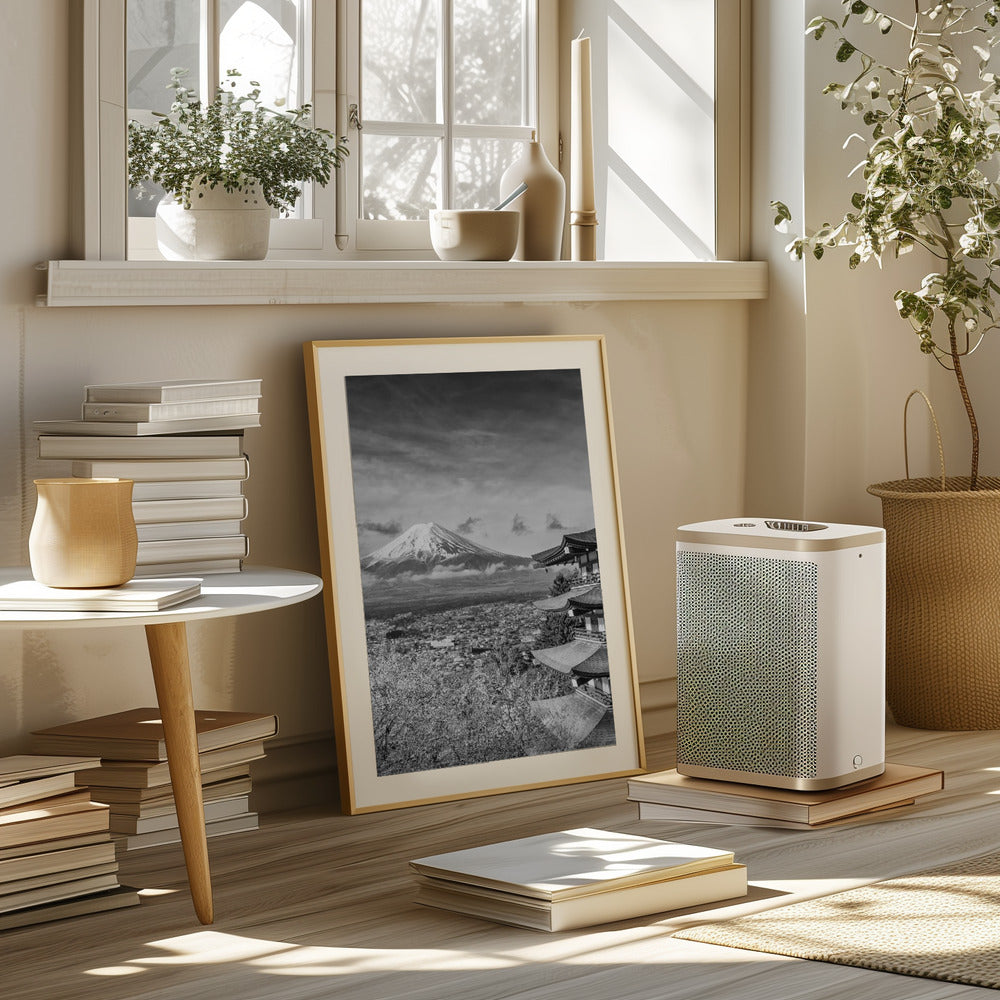 Unique view of Mount Fuji with Chureito Pagoda during cherry blossom season - monochrome Poster