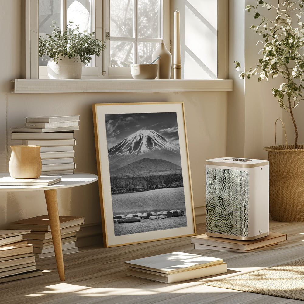 Picturesque Lake Shoji with striking Mount Fuji - monochrome Poster