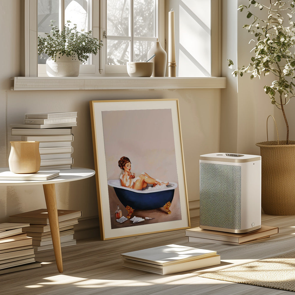 Bathtub Drinks: Pinup Girl Drinking In Bathroom Poster