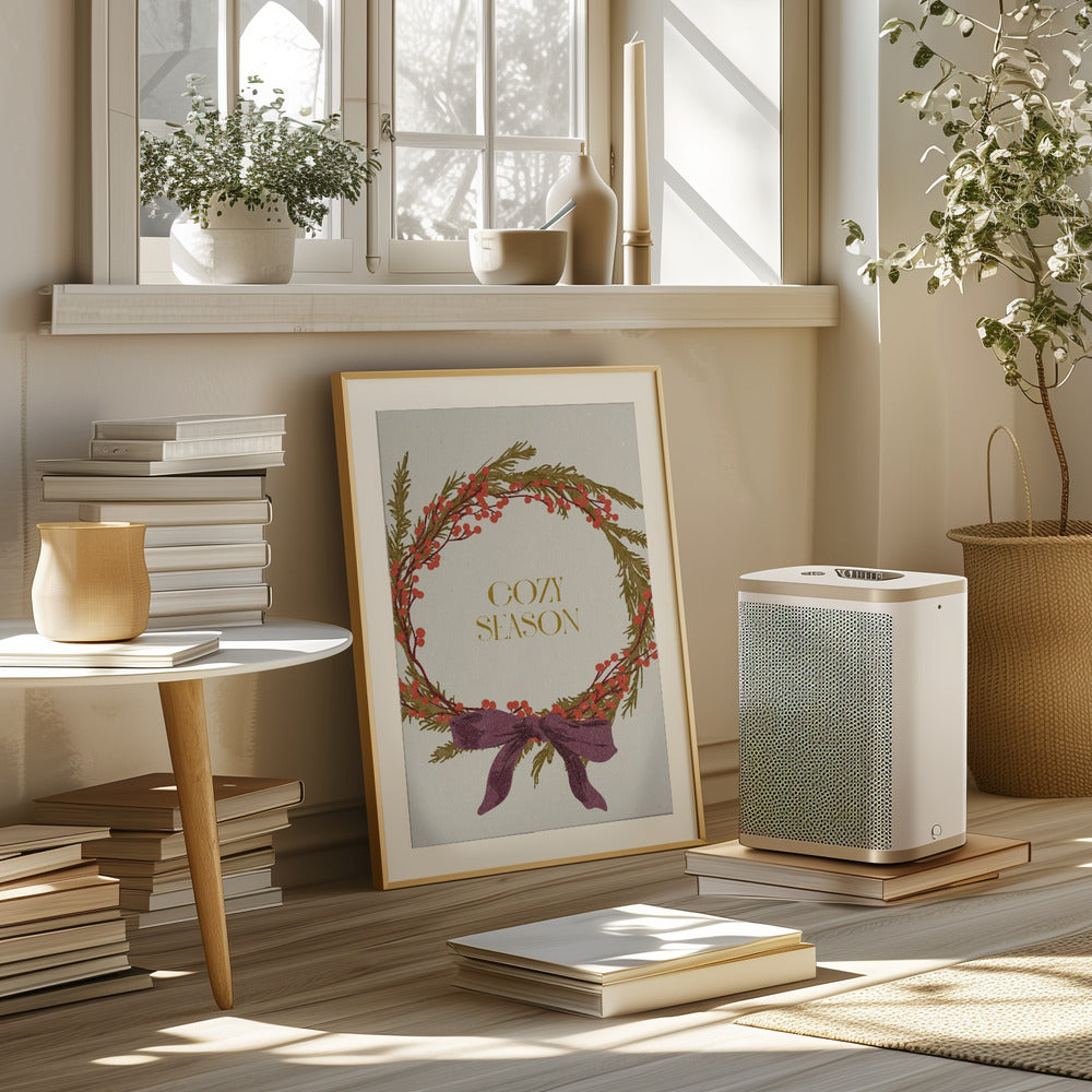 Cozy Season. Christmas wreath with bow Poster