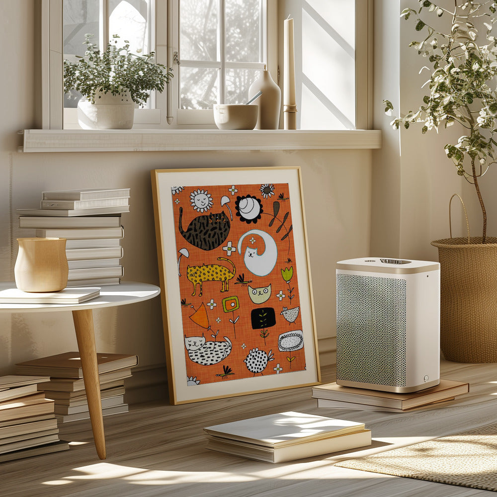 Spring Cat Orange - Cute Whimsical Cats with Flowers Poster
