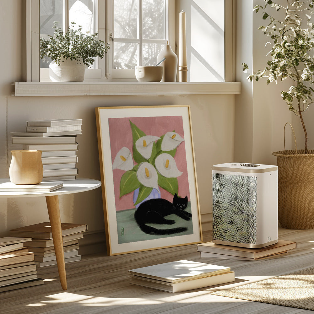 Lilies In a Vase and a Black Cat  - Still Life Illustration Poster