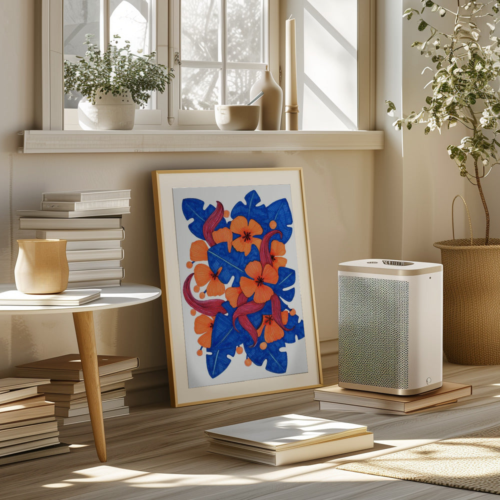 Hawaiian Orange and Blue Florals Poster