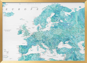 Aquamarine detailed map of Europe Poster