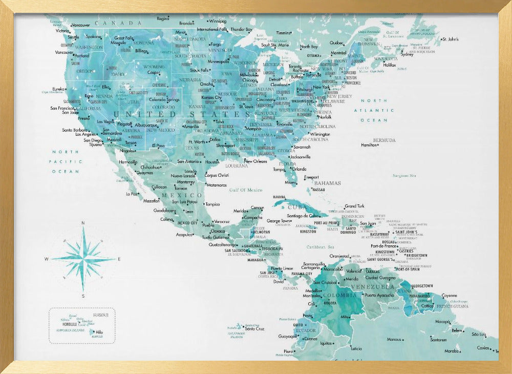 Aquamarine map of USA and Mexico Poster