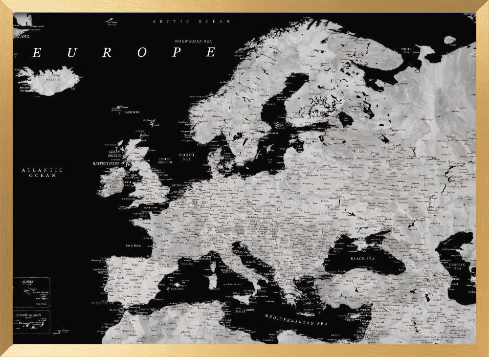 Black and grey detailed map of Europe Poster