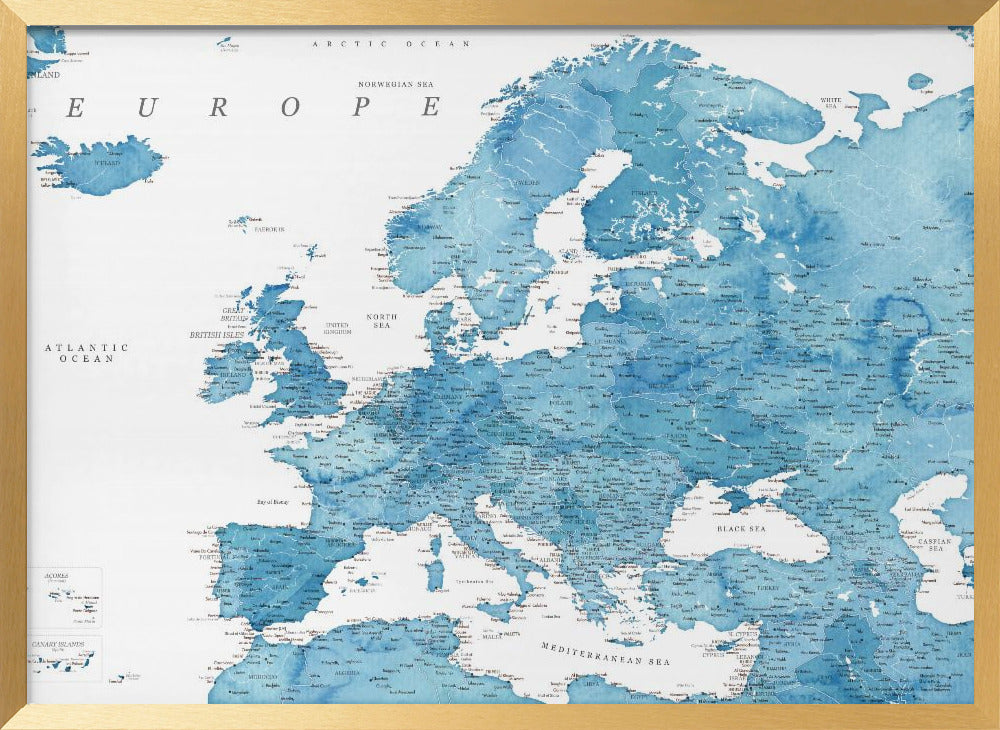 Blue detailed map of Europe Poster