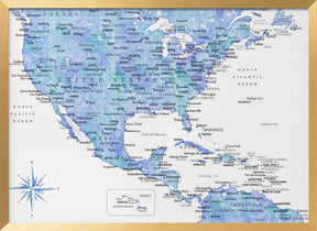 Blue map of USA and the Caribbean sea Poster