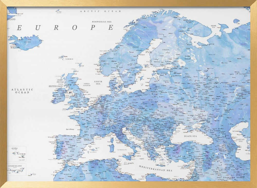 Light blue watercolor detailed map of Europe Poster