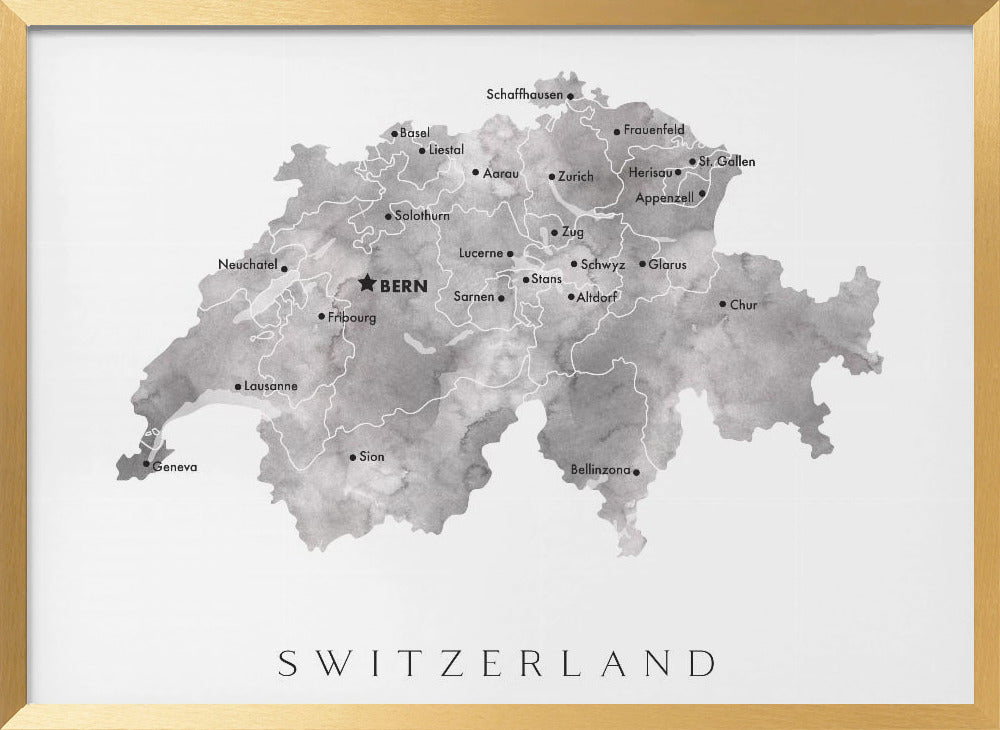 Gray watercolor map of Switzerland Poster