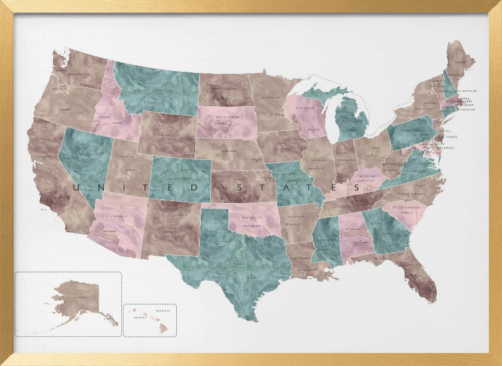 Pink and teal watercolor map of the US Poster