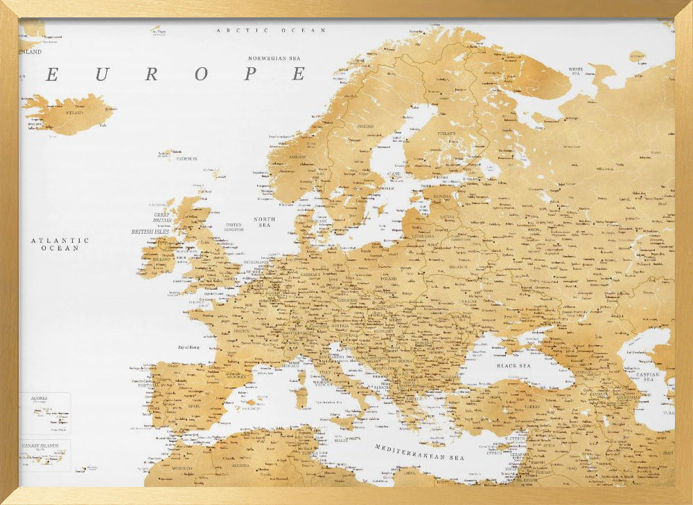 Golden detailed map of Europe Poster