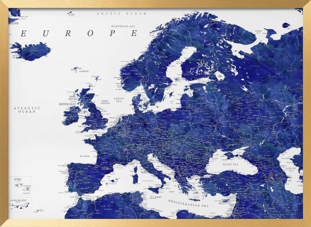 Navy blue detailed map of Europe Poster