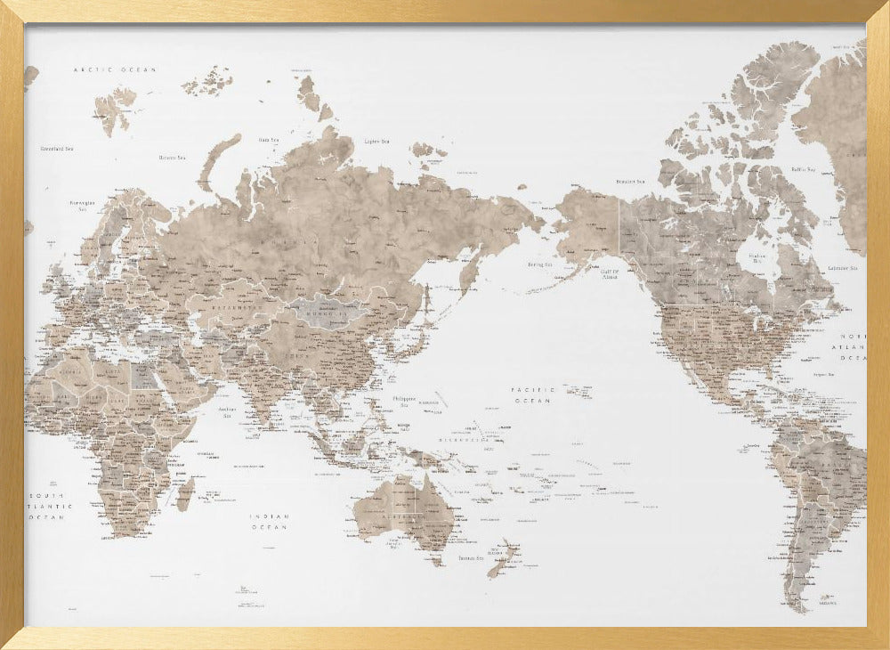 Pacific centered world map in taupe Poster