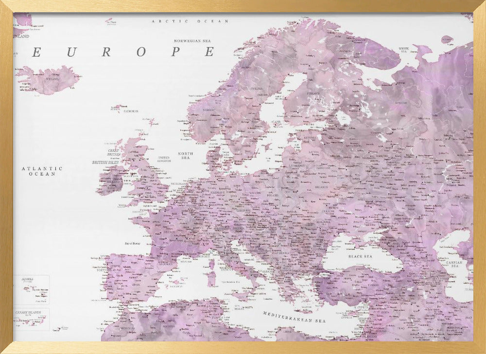 Purple detailed map of Europe Poster