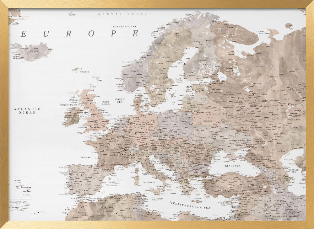 Taupe detailed map of Europe Poster