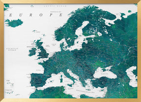 Teal detailed map of Europe Poster