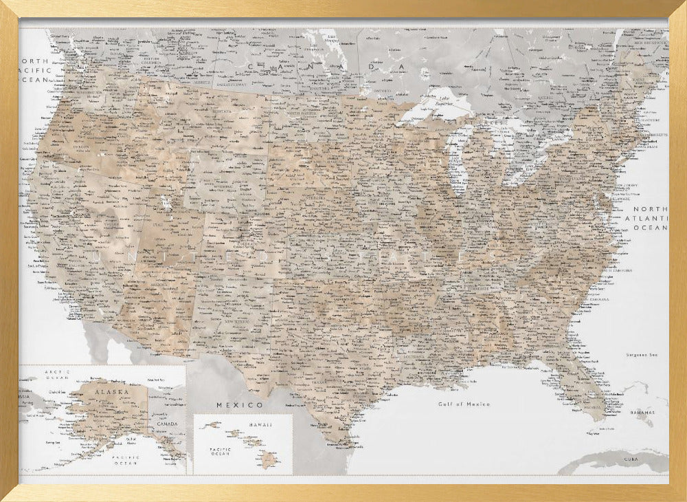 Highly detailed map of the United States Abey Poster