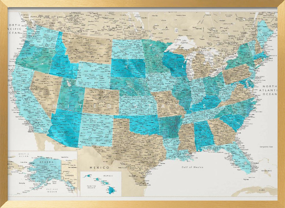 Highly detailed map of the United States, Uxia Poster