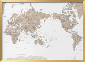 Pacific-centered world map with cities, Abey Poster